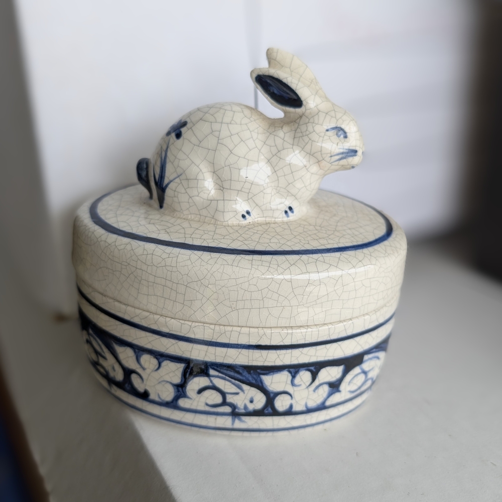 Blue and White Ceramic Rabbit Art Piece